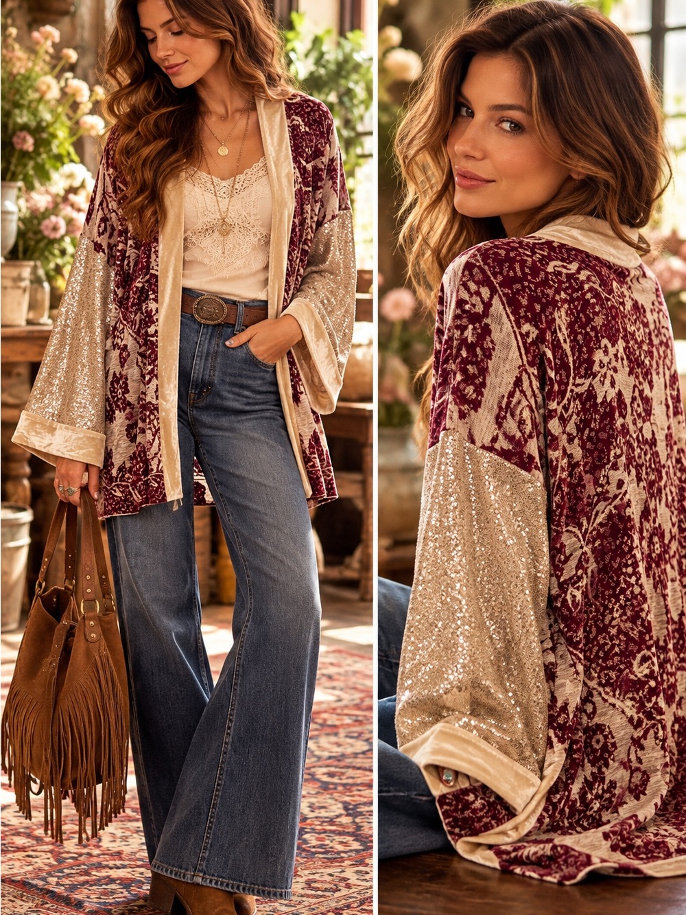 Free People Burgundy Floral Tapestry Sequin Velvet Kimono Cardigan M/L